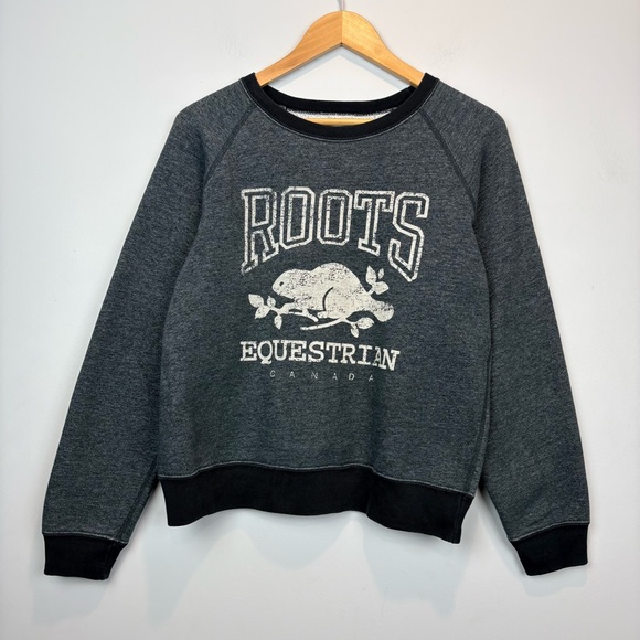 Roots Equestrian Canada Sweatshirt Charcoal Grey Beaver Logo Raglan - Picture 2 of 10